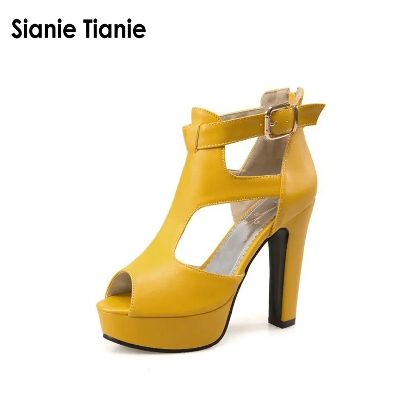 Sianie Tianie/Женская обувь в гладиаторском стиле босоножки на высоком каблуке весенне-Летние Босоножки с открытым носком и Т-образным ремешком на платформе, на шпильках, на молнии, желтого цвета, размер 12 46