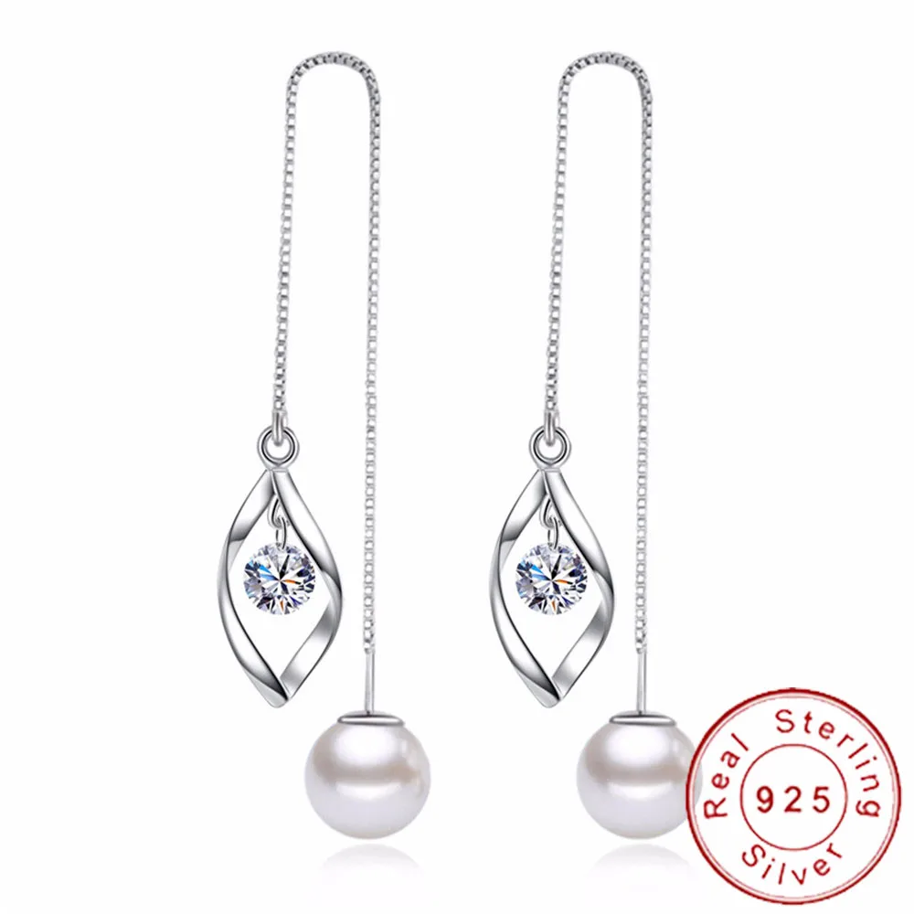 Серьги из серебра 925 пробы с фианитом женские тонкие серьги-нити жемчугом SE033
