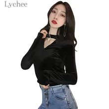 Lychee/сексуальная открытая бархатная женская футболка с v-образным вырезом и длинным рукавом, однотонная Осенняя тонкая футболка, женская футболка, топ для офиса