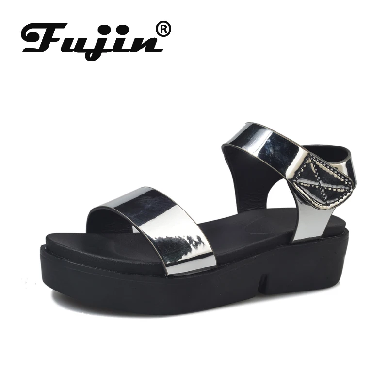 

Fujin Summer Women Shoes Mirror Fashion Women Sandals Flat Bottom Hook Loop Casual Sandals Summer Luxurious Reflective Cloth
