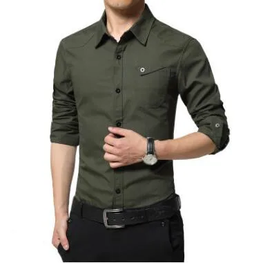 

New Men Cotton Slim Plus Size Shirts Casual Turn Down Collar Clothing Solid Color Fashion Clothes