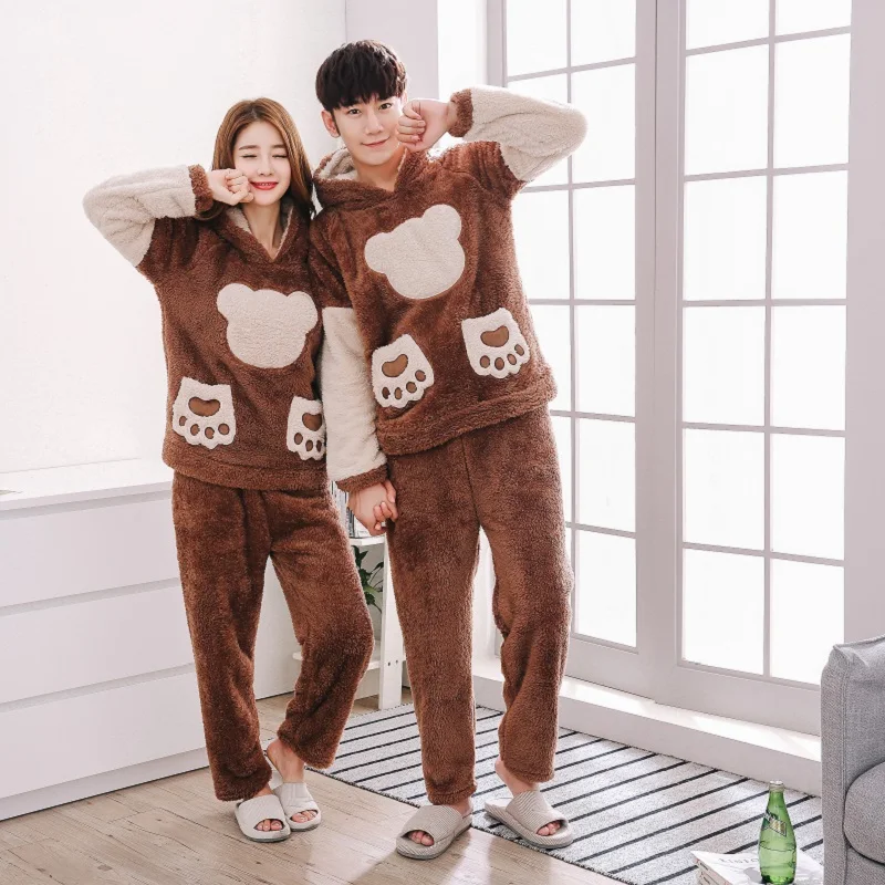 2019 Men's Plush Pajamas Hooded Full Sleeve Winter Warm Thicker Women Lounge Clothing Homewear Cute Cartoon Bear Pyjama homme