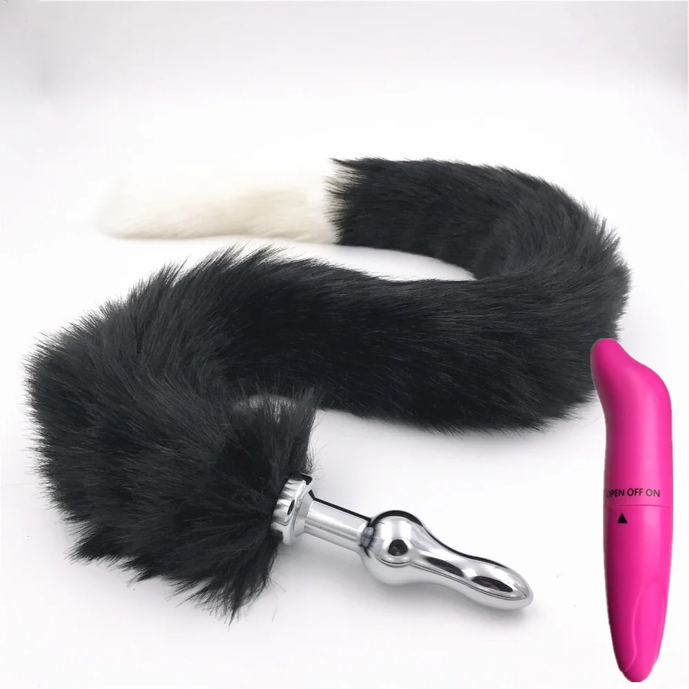2 Pcs/Lot Vibrator And Long 80cm Black White Fox Tail Anal Plug Metal Sex Toy Toys for Woman Men Sexy Adult | Красота и здоровье