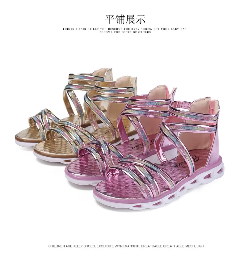 Сандалии в римском стиле для девочек; Новинка года; Летние сандалии принцессы в Корейском стиле с открытым носком на молнии; детская обувь для детей старшего возраста