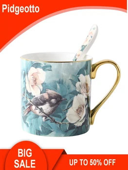 

European Cuckoo Bone China Coffee Mug Whit Spoon High-grade Hand Painted Outline In Gold Ceramic Breakfast Cup Free Shipping