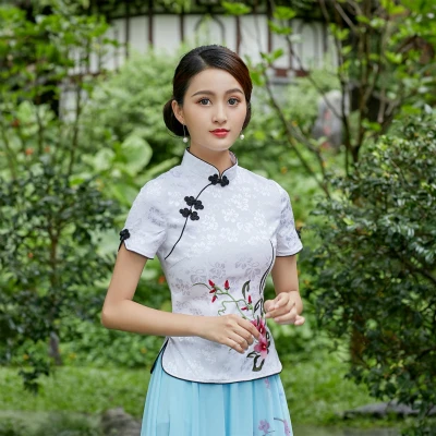 Sheng Coco 4XL жаккардовый хлопок Camisa Китай Mujer китайский стиль вышивка хлопок Cheongsam блузка для женщин Qipao рубашки красный розовый - Цвет: white qipao tops