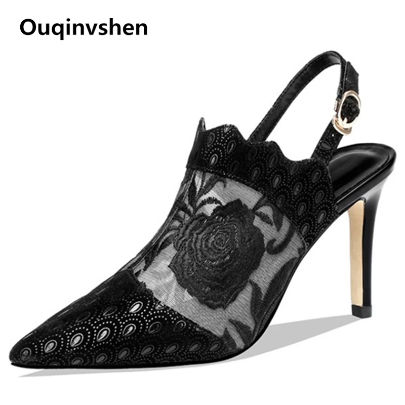 

Ouqinvshen Embroider Sexy High Heels Pointed Toe Buckle Strap Stilettos Summer Shoes Women Mesh Fashion Party Ladies Heels Blue