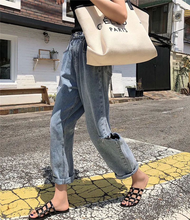 Женские рваные джинсы свободные корейские стильные универсальные простые тонкие прямые женские брюки до щиколотки с карманами 2019 модные