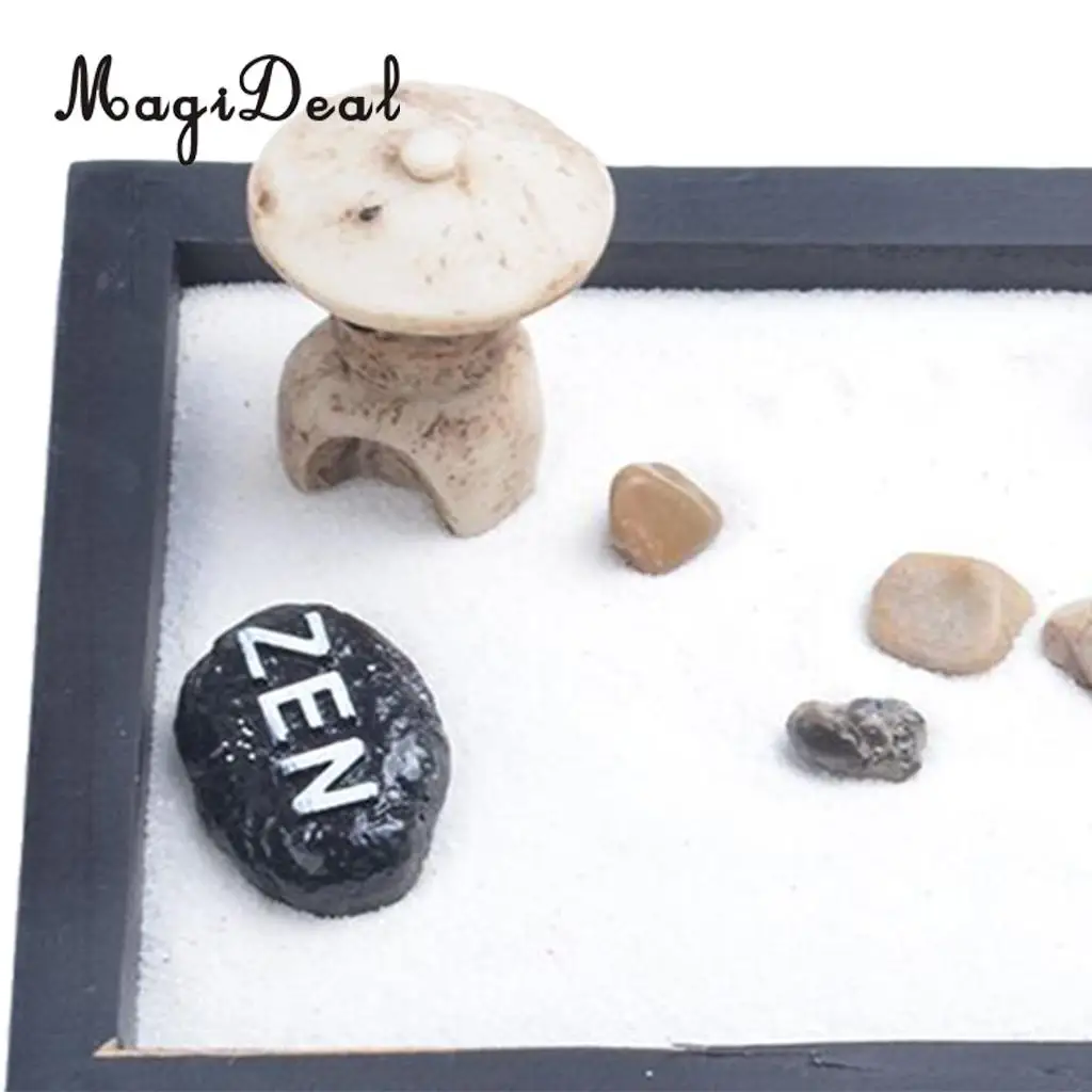 MagiDeal Japanese Zen Garden Sand Tray Buddha Stones Fengshui Meditation Landscape Ornament Home Club Pub Bar