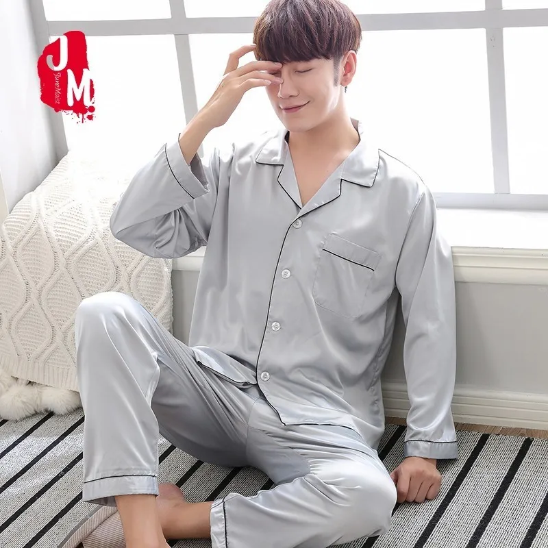 

2018 Silver Solid Satin Men Pajama Sets Long Sleeve Autumn Silk Sleepwear For Men Suit Pijama Man Summer Two-Piece Pyjama L-XXXL