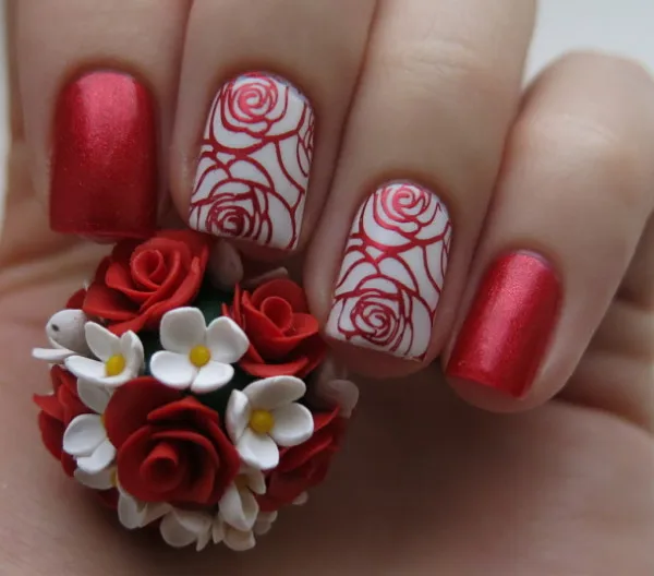 How To Do Rose Nail Art Ideas Red Nails With Golden Rose Flower Nail Art