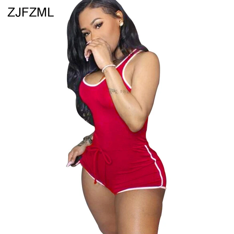  ZJFZML Women High Elastic Tank Summer Bodysuits Plus Size Drawstring Skinny Sexy Rompers Cotton Beachwear Casual Playsuits