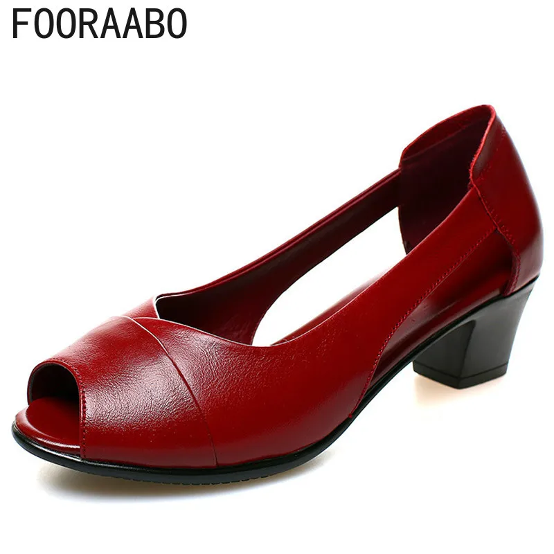 

2019 Summer Genuine Leather Comfortable Ladies Mid Heel Sandals Women Shoes Hollow Peep Toe Square Heel Sandals Woman Black