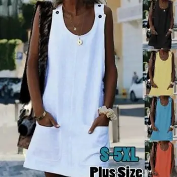 

Yfashion Summer Casual Women Dresses Round Neck Vest Dress Cotton Blend Linen Large Size Dress Women Pocket Buttons Dress