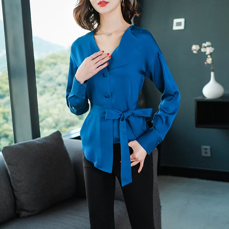 

2019 Spring New Fashion Irregular 100% Real Silk Shirt Luxury High End V-neck Women Blouses and Tops Purple and Blue Color C36