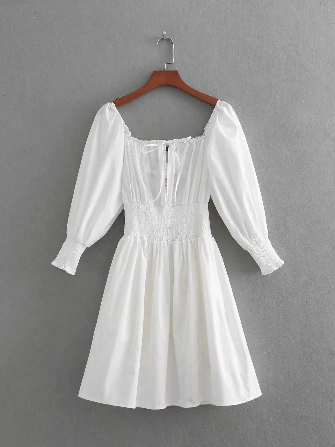 

2019 Summer Women White Short Dress Draped Casual Puff Short Sleeve Mini Dress Square Neck Lace Up Vintage Dress