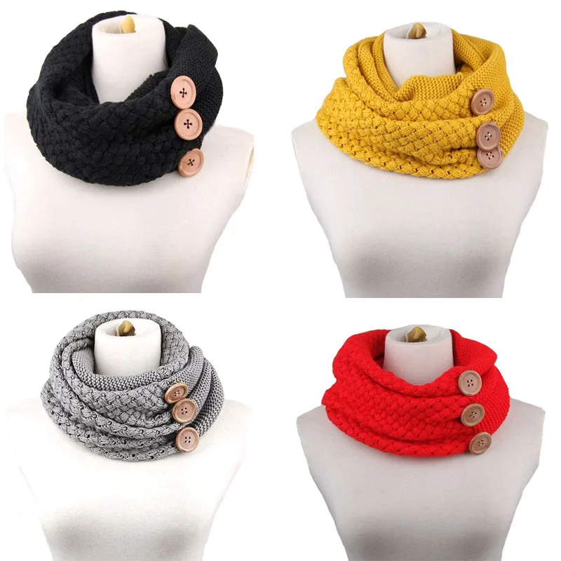

Autumn Winter Unisex Knitted Neck Ring Wool Scarf Circle Shawls Button Knitting Warm Wrap Scarves For Women