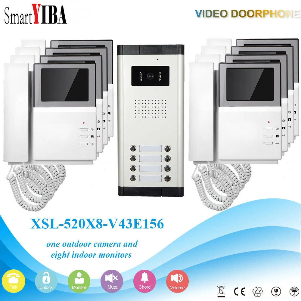 SmartYIBA Apartment Video Doorbell Camera 4.3'' Video Intercom Door Viewer for 8 Families Building Intercom System Night Vision