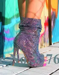 Женские блестящие босоножки на высоком каблуке-шпильке с открытым носком; ботильоны с блестками; пикантная модная вечерняя Обувь для