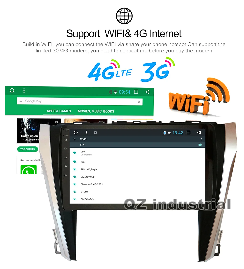 Best QZ industrial HD 10.2" Android 8.1 T3 Car DVD for Toyota Camry 55 2015 with Canbus box 3G 4G WIFI GPS BT Navi SWC Radio RDS Map 9
