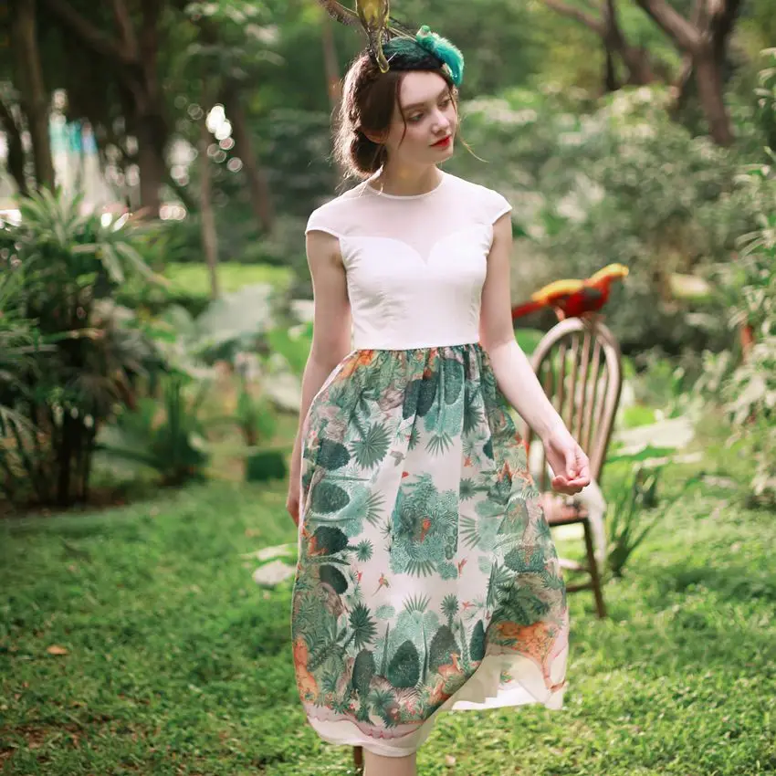 

LYNETTE'S CHINOISERIE High Quality Original Design Women Mori Girls Animal Hand Painting Print Fresh Slim Vintage Organza Dress