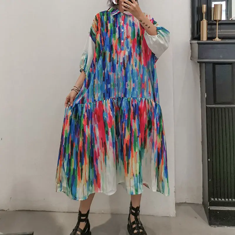 

Summer dress 2019 plus size loose Colorful Women Dress Lapel Lantern Sleeve Button Loose Ankle Length Dresses