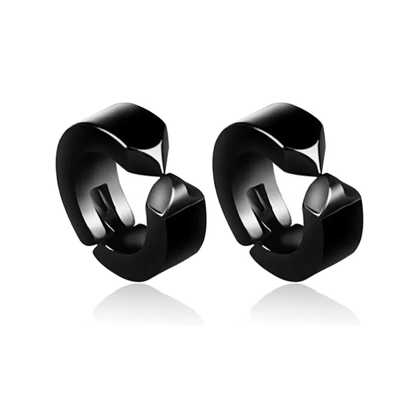 Pair Fake Hoop Earring Studs Mens Womens Silver Black Stainless Steel Huggie 8mm Diameter Ear Lobe Helix Non-Piercing Clip On