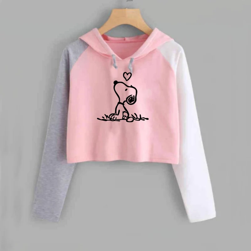 Снупи Обрезанные Hoodie Harajuku для женщин мультфильм Розовый пуловер Топ укороченный дамы с длинным рукавом осенняя одежда tumblr