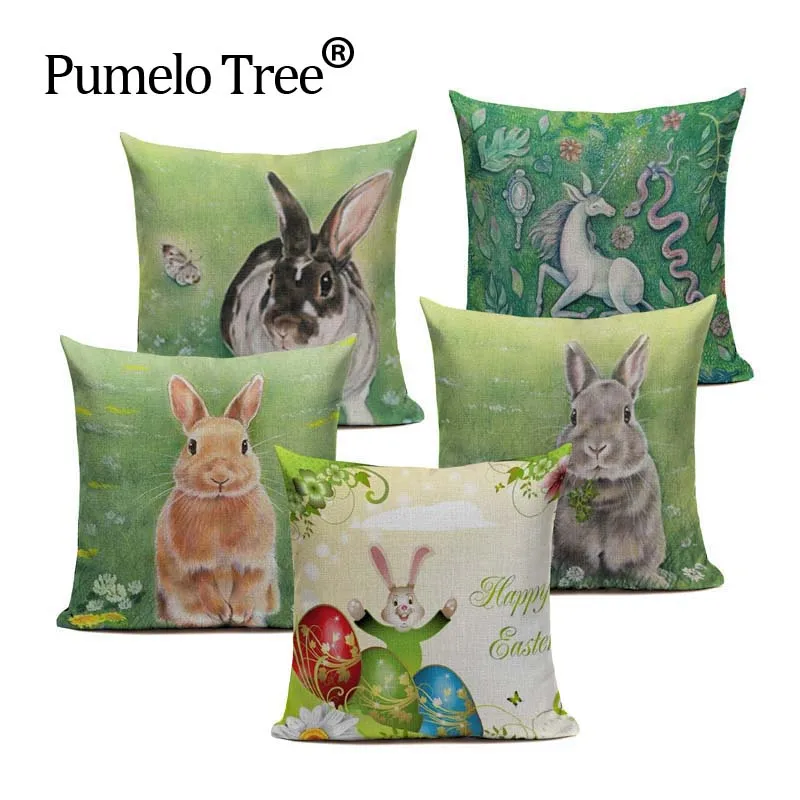 

Happy Easter Cute Smiling Bunny Rabbit Color Eggs Home Cotton Linen Throw Pillow Case Personalized Cushion Cover Animal Office