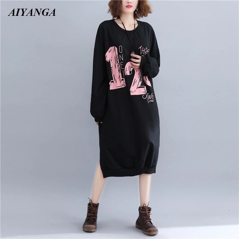 2018 Plus Size Women's clothing Dress Female Letter Print Autumn Winter Loose Dresses Casual Pockets Back Dress For Woman