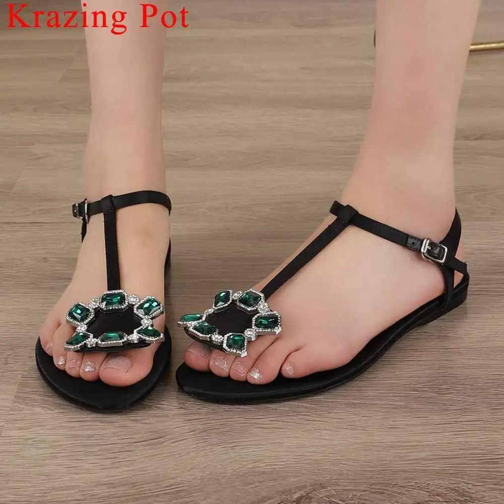 

Krazing Pot young girls buckle strap flat with shining crystals decoration women sandals plus size flip-flop vocation shoes L33