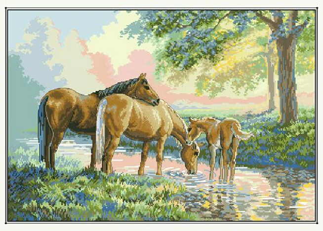 Высокое качество Золотая коллекция Счетный Набор для вышивки крестом лошади по ручью семья три лошади Dim 35174