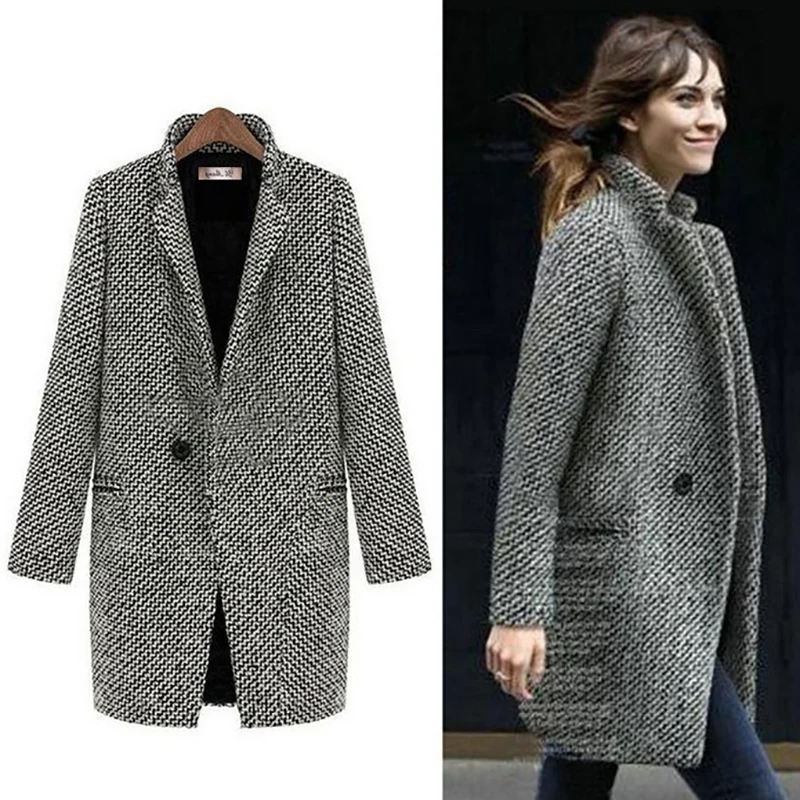 Plus Size Women Fashion Long Woolen Coat Female Winter Plaid Jacket