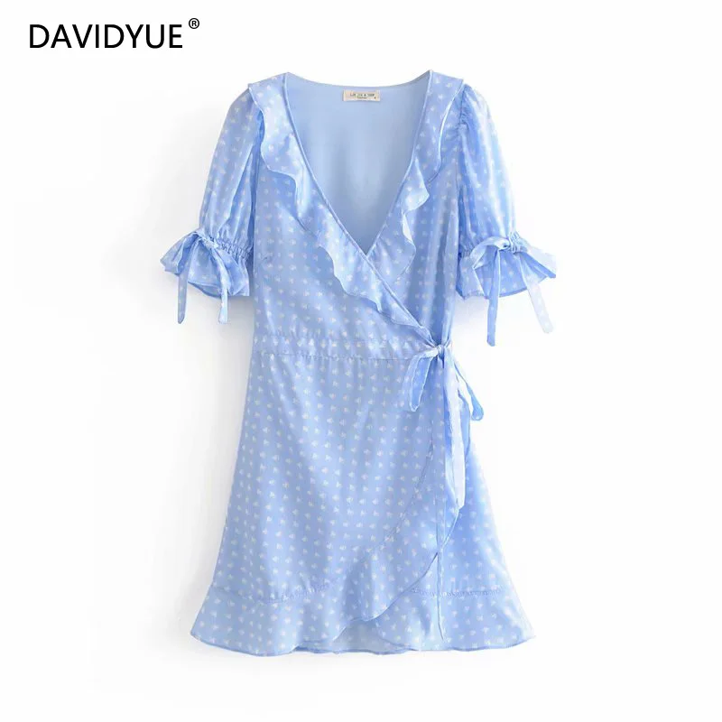 

Summer dress 2019 bohemian boho beach blue ruffle dress short sleeve casual sexy dress elegant koreran bow tie vestidos