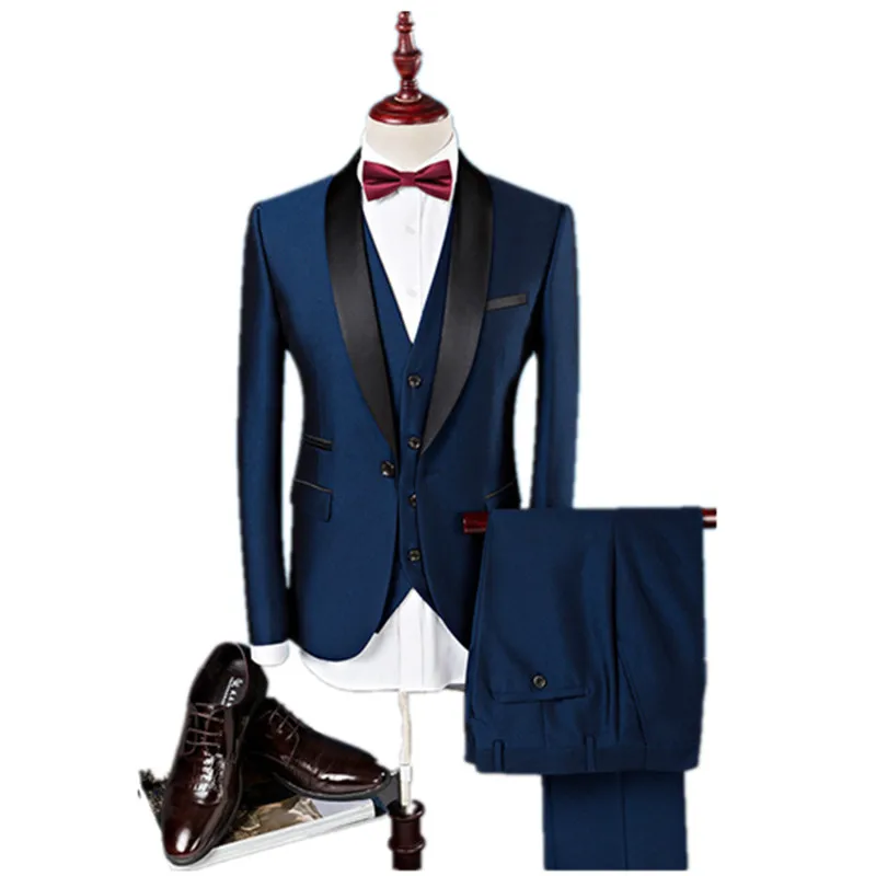 

2019 Male High-quality Pure cotton Hit color Long sleeved fashion Leisure wedding dress man/ coat+Vest+trousers /Groomsman dress