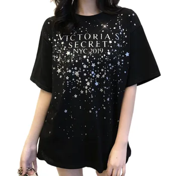 

New Summer T-shirt Female Glittering Star Printed Oversized Tshirts Cotton Women Casual Loose Long T Shirt Harajuku Tops