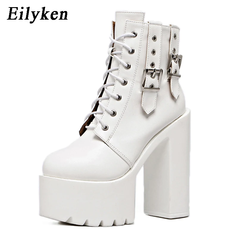 Eilyken; Новинка года; Модные осенние женские ботильоны на платформе; кожаные ботинки на шнуровке с пряжкой и ремешком; женская обувь черного цвета; ботинки в байкерском стиле