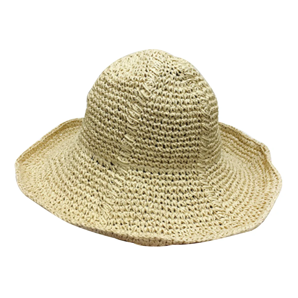 

Foldable Lafite Straw Brim Solid Anti UV Hot Summer Simple Style Washable Breathable Hand Knitted Seaside Travel Women Sun Hat
