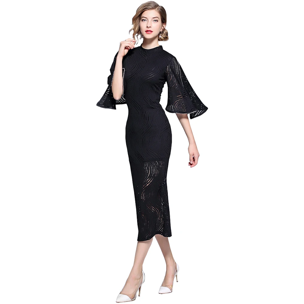 Женское подиумное кружевное платье-карандаш черные вечерние платья с
