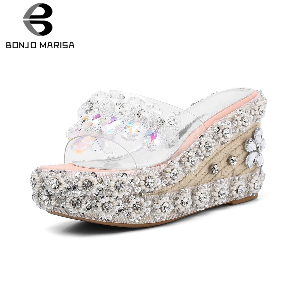 

BONJOMARISA Brand New Dropship INS Hot Luxury Crystal Ladies Wedges High Heels Shoes Woman Casual Party Summer Slippers 2019