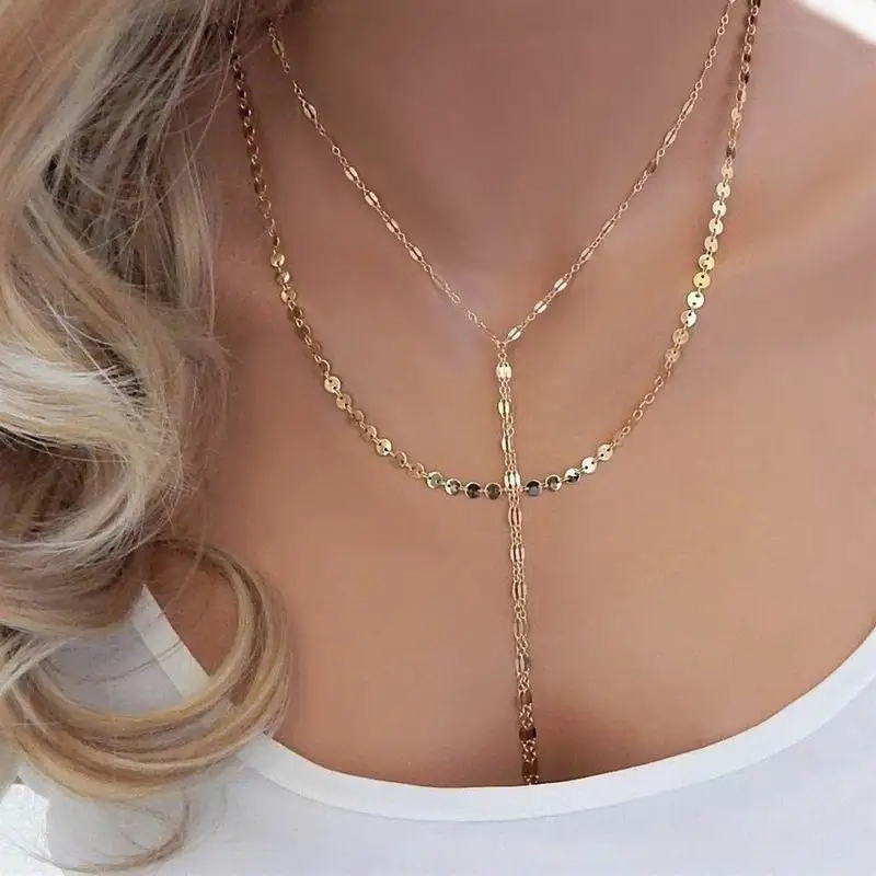 Бохо Лариат Ожерелье длинное y-образное ожерелье двойная нить блестки обертывание колье-чокер с монетой для женщин ювелирные изделия