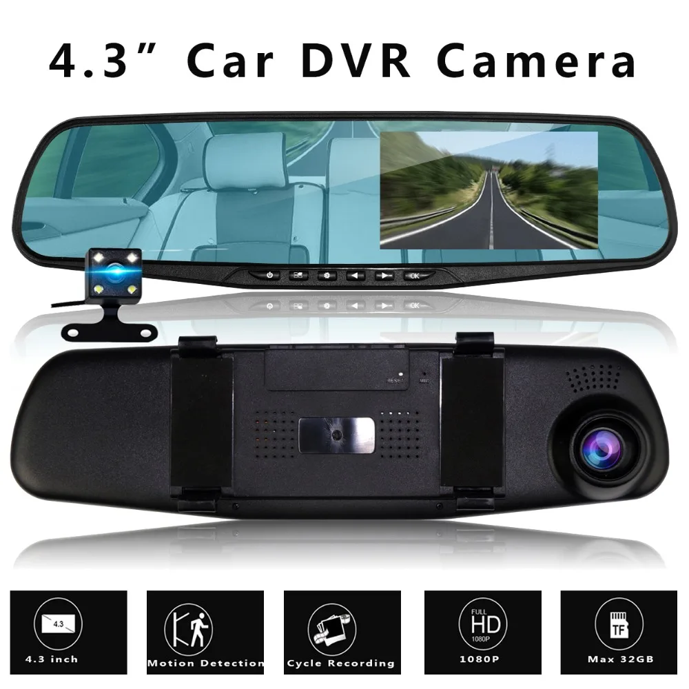

Car DVR Dash Cam Drive Recorder With Rearview Mirror TF Card Motion Detection Dual Lens 4.3" Camera Coche Video Auto Retrovisor