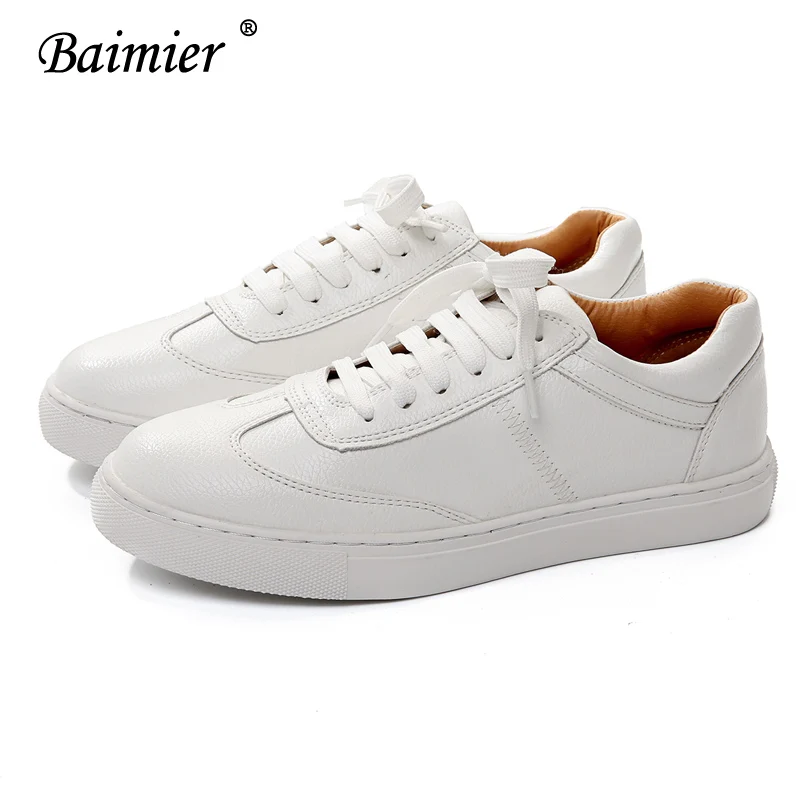 Baimier Genuine Leather White Women Sneakers Spring Street Style Lace up Running Shoes Casual Comfortable Women Flat Shoes - Цвет: White