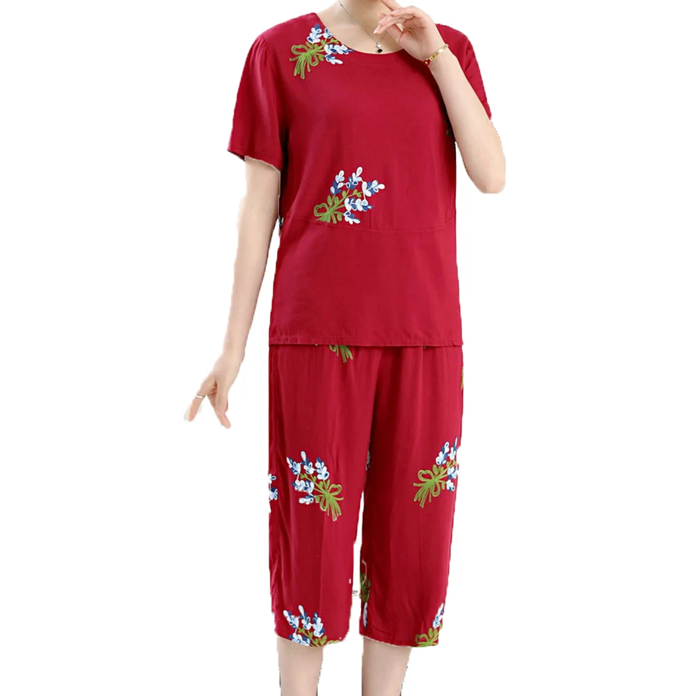 

Women Summer Pants Sets Red Pink Blue Flower Two Pieces Trouser Suit Set Woman Short Sleeve Top And Cropped Pant Suit Ensemble