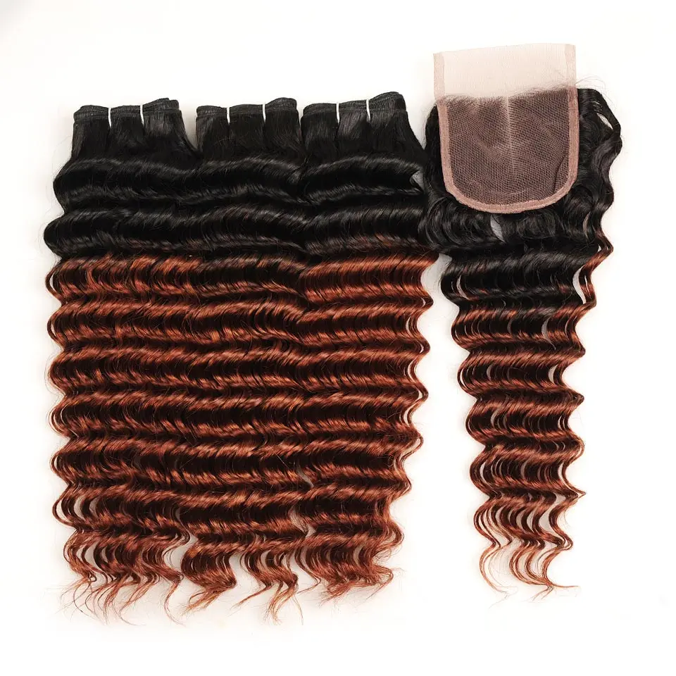 Pinshair Pre-Colored Ombre Brazilian Hair 3 Bundles With Closure T1B33 Non-Remy Deep Wave Human Hair Bundles With Lace Closure (10)
