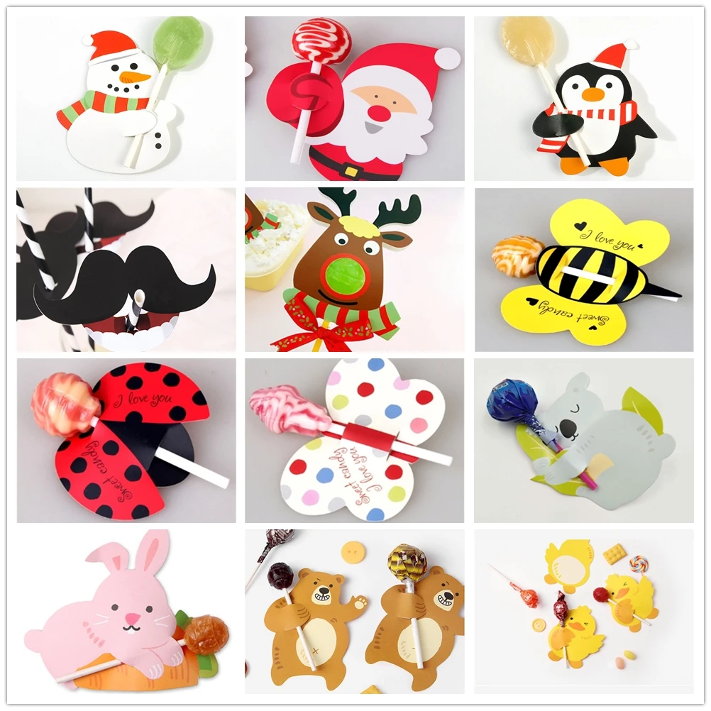  50/25Pcs Nice Cute DIY Santa Claus/Snowman/Penguin Paper Invitation Cards Lollipop Christmas Gift P