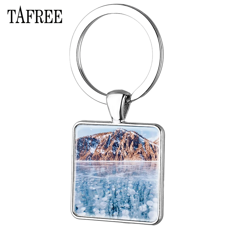 

TAFREE Lake Baikal Keychains transparent ice scenery Picture Silver Plated Square key Chains Beautiful Car keyring Jewelry FA611