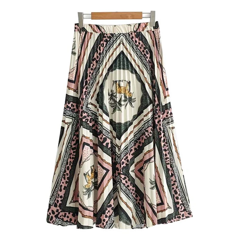 

Women Skirts Women Retro Geometric Print Pleated Midi Skirt Back Elastic Buttons Design Elegant Female Vintage Mid Calf Skirts