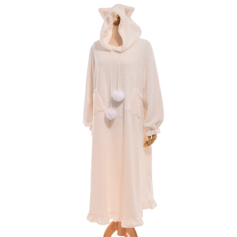 1 предмет, розовая/белая Милая флисовая одежда для сна с капюшоном и кошачьими ушками, с хвостом, ночная рубашка в стиле «Лолита», короткий/длинный
