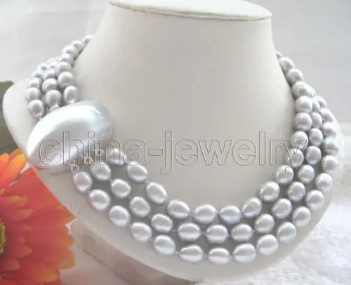 

Free shipping@@@@@ 3row 17-19"10-12mm gray baroque freshwater pearl necklace - 925 gray shell AALD915